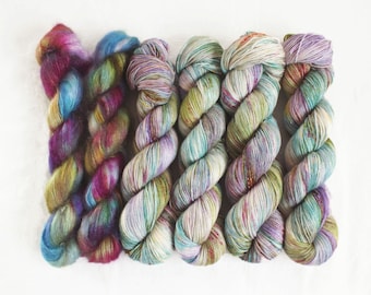 Preorder TIFFANY LAMP Gold Sparkle Sock  art yarn, KIDMOH mohair hand painted yarn, purples, greens