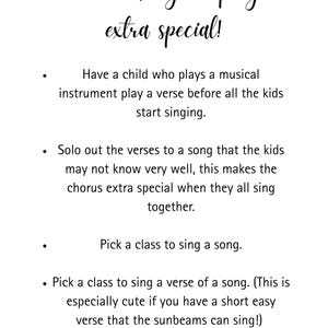 May include: White paper with black handwritten text: "Ideas to make your program extra special!" followed by bullet points with suggestions for musical performances, including singing verses and solos.