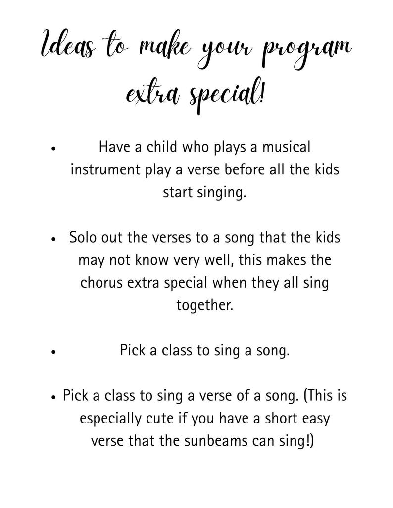 May include: White paper with black handwritten text: "Ideas to make your program extra special!" followed by bullet points with suggestions for musical performances, including singing verses and solos.