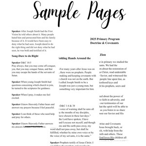 May include: A white page with the words "Sample Pages" in a decorative font. The text includes excerpts from the 2025 Primary Program Doctrine & Covenants, with quotes and scripture references. The page is designed for religious study.
