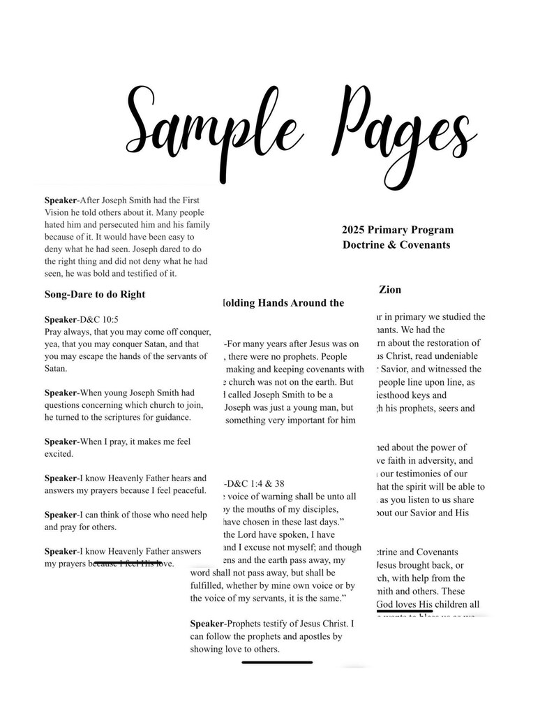May include: A white page with the words "Sample Pages" in a decorative font. The text includes excerpts from the 2025 Primary Program Doctrine & Covenants, with quotes and scripture references. The page is designed for religious study.
