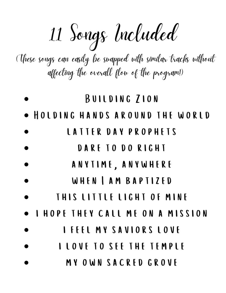May include: White background with black text listing eleven songs, including "Building Zion" and "Holding Hands Around the World." The text is in a handwritten style, with a note about swapping songs.