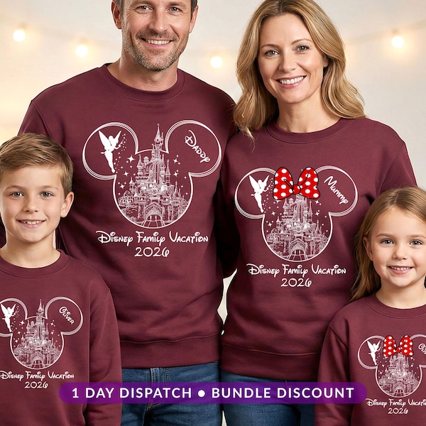Personalised Disney Family Vacation Sweatshirt, Mickey Minnie Castle Tinkerbell Matching Jumper, Custom Name Disney Trip Top