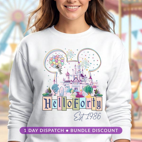 Sudadera de cumpleaños Disney "Hola Cuarenta", jersey del Castillo Mágico de la Princesa (Est. 1986), regalo de cumpleaños número 40 con temática de Disneyland.