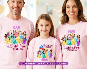 Sudadera personalizada de cumpleaños de princesas Disney, jersey para viaje de cumpleaños con todos los personajes de princesas, camiseta familiar a juego personalizada para cumpleaños.
