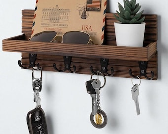 Rustic Wood Key Holder & Mail Organizer: Wall Mounted Entryway Decor