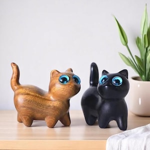 Figura de gato kawaii en miniatura hecha a mano de madera de sándalo, escultura de gatito, lindo adorno de escritorio, decoración del hogar, regalo de animal de dibujos animados