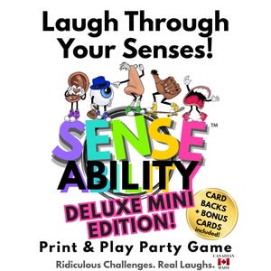 Könnte beinhalten: Auf weißem Hintergrund steht der Text "Laugh Through Your Senses!" über dem Spieletitel: "SENSE ABILITY". Der Spieletitel ist in bunten 3D-Buchstaben gehalten, mit Cartoon-Figuren, die die Sinne darstellen. Das Spiel ist eine "DELUXE MINI EDITION!"