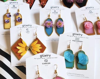 Handmade Zodiac Flower Earrings | Astrology Statement Jewelry (Hot Glue)