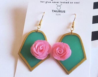 Handmade Taurus Pink Rose Earrings | Whimsical Floral Zodiac Jewelry