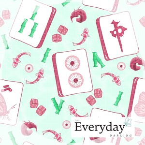 May include: A repeating pattern with Mahjong tiles, dice, koi carp, bamboo shoots, and floral designs in pink, green, and white on a pale teal backdrop. The Everyday Darling logo is in the bottom right corner.