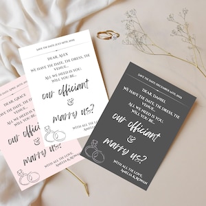 Officiant voorstel bewerkbare kaart Be Our Officiant wil je met ons trouwen Canva-sjabloon 5 x 7 7 x 5 Save the dates voor man en vrouw 3 kleuren cadeau