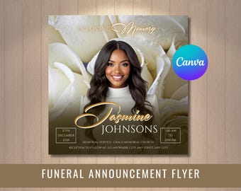White Roses Funeral Announcement Flyer: Obituary, Celebration of Life (Canva Template PDF)