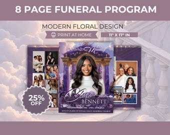 May include: An 8-page funeral program with a modern floral design. The program features a portrait of a woman, with the text "In Loving Memory" and the name "Mara Bennett". The program is 28 cm x 43 cm in size and includes a 25% off promotion.