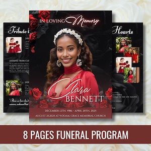May include: A funeral program with a portrait of a woman in a red dress, surrounded by roses. The program includes the text "In Loving Memory" and the name "Clara Bennett." The program is 8 pages long.