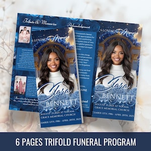 May include: A trifold funeral program with a blue floral design. The program features a photo of a woman, the name "Mara Bennett", and memorial details. The text "6 Pages Trifold Funeral Program" is at the bottom.