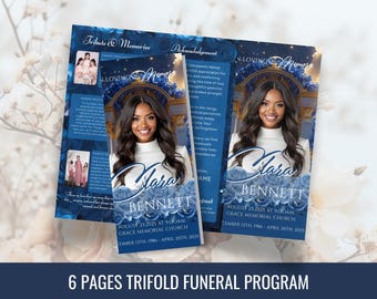 Trifold Blue Funeral Program Template: Editable Canva Design (Digital Download)