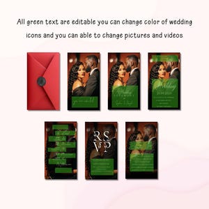 May include: A collection of wedding invitation templates featuring a couple's photo, with green text and accents. The design includes a red envelope with a black seal. Text on the invitations includes "Wedding" and "RSVP".