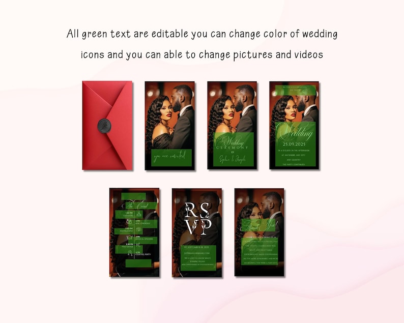May include: A collection of wedding invitation templates featuring a couple's photo, with green text and accents. The design includes a red envelope with a black seal. Text on the invitations includes "Wedding" and "RSVP".
