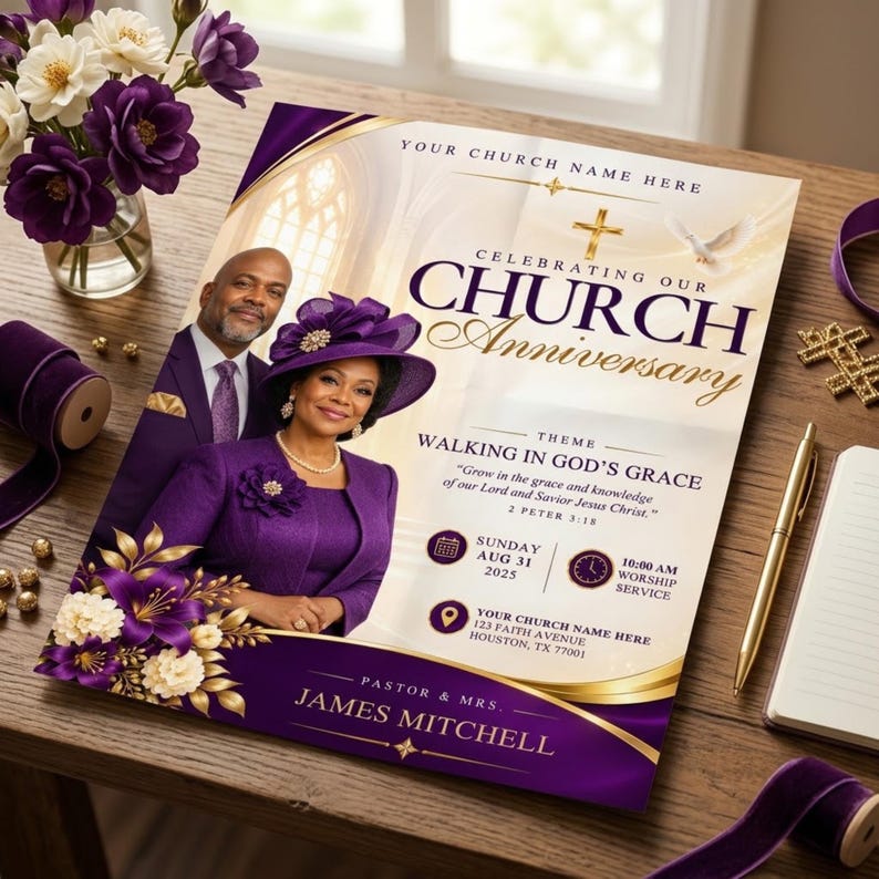 Church Anniversary Flyer Template, Purple Gold Ministry Celebration ...