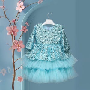 Sparkling Sky Blue Baby Girl Party Dress – Sequin Top - Layered Tulle Skirt