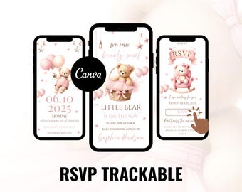 Invitación para baby shower con osito rosa: invitación digital editable y confirmación de asistencia