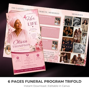 May include: A six-page funeral programme trifold template in shades of pink and white. The front features a portrait of Olivia Thompson, floral accents, and service details. The interior panels display multiple photo collages, text sections for memories, and tribute headings. The design includes elegant typography and a soft, watercolour-style background throughout the layout.