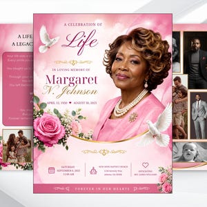 May include: A funeral program template featuring a pink background with white doves, pink roses, and a portrait of a person wearing a pearl necklace. The text includes A CELEBRATION OF LIFE, IN LOVING MEMORY OF Margaret N. Johnson, and event details.