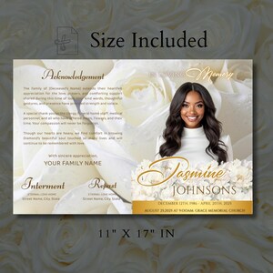 May include: A memorial card with a photo of a woman, Jasmine Johnsons, and text. The card includes the dates December 12th, 1986 - April 20th, 2025, and is 11 x 17 inches.
