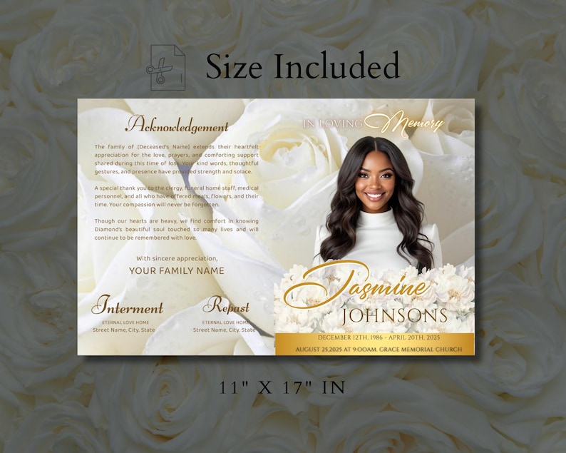 May include: A memorial card with a photo of a woman, Jasmine Johnsons, and text. The card includes the dates December 12th, 1986 - April 20th, 2025, and is 11 x 17 inches.