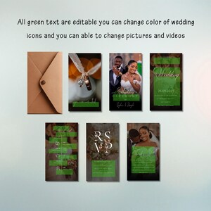 May include: A collection of wedding invitation templates with a brown envelope. The templates feature photos of a couple, wedding rings, and green text. The text includes the words "Wedding", "RSVP", and other wedding-related details.