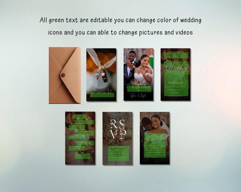 May include: A collection of wedding invitation templates with a brown envelope. The templates feature photos of a couple, wedding rings, and green text. The text includes the words "Wedding", "RSVP", and other wedding-related details.