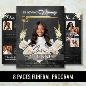Puede incluir: Un programa fúnebre con fondo negro, con una foto de una mujer, rosas blancas y el texto "In Loving Memory". El programa incluye el nombre "Clara Bennett" y las fechas 12 de diciembre de 1986 - 20 de abril de 2025.