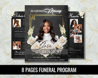 8-Page Funeral Program Template: Black & White Roses (Canva, PDF)