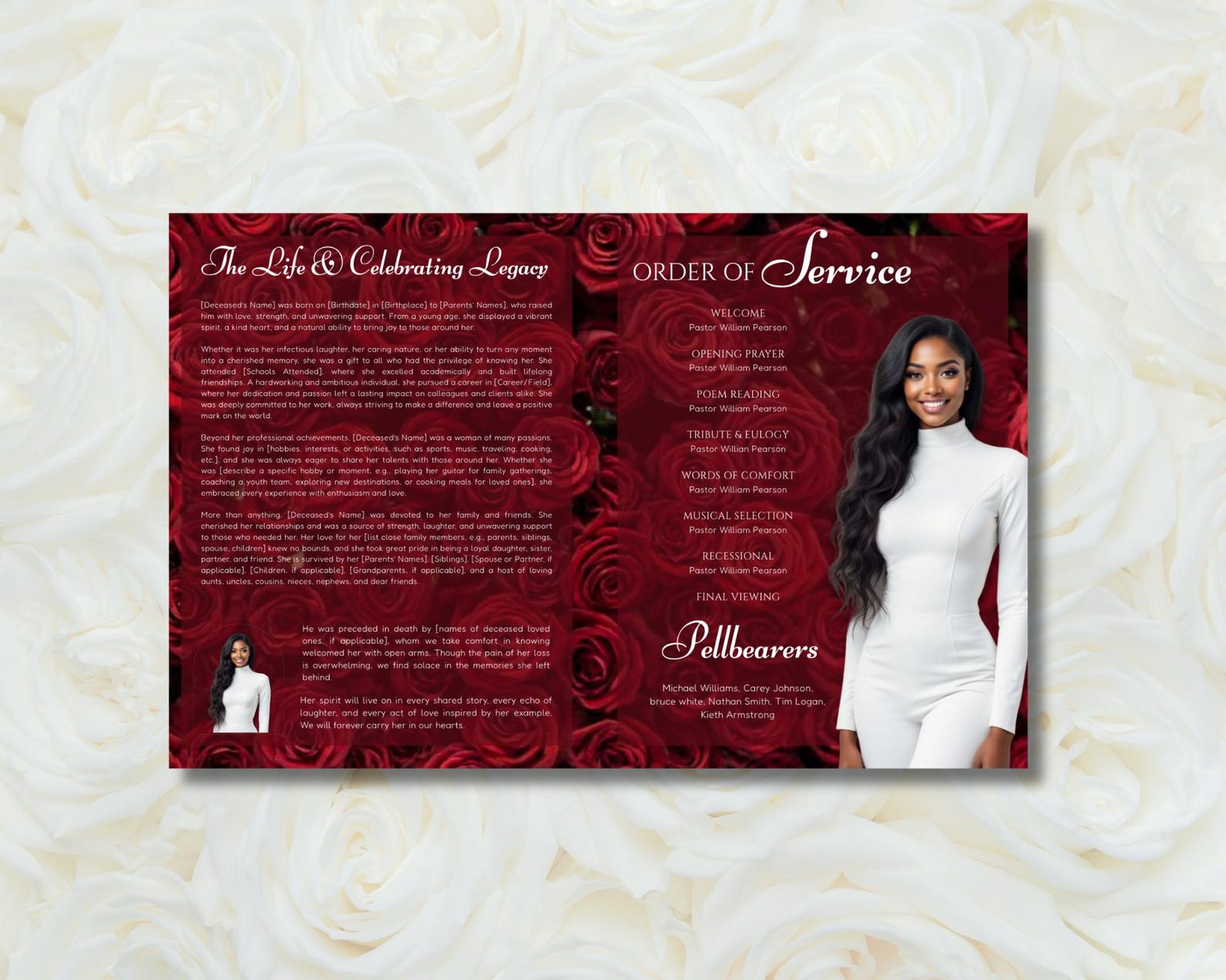 Red Roses Funeral Program Template: 8-page Memorial (canva, Digital ...