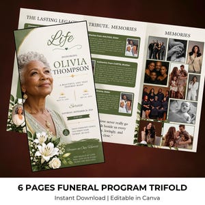 May include: A six-page funeral program trifold template featuring a portrait of an older woman with gray hair, white lily floral accents, and text including Life, Honoring Olivia Thompson, and Memories, with placeholders for photos and text.