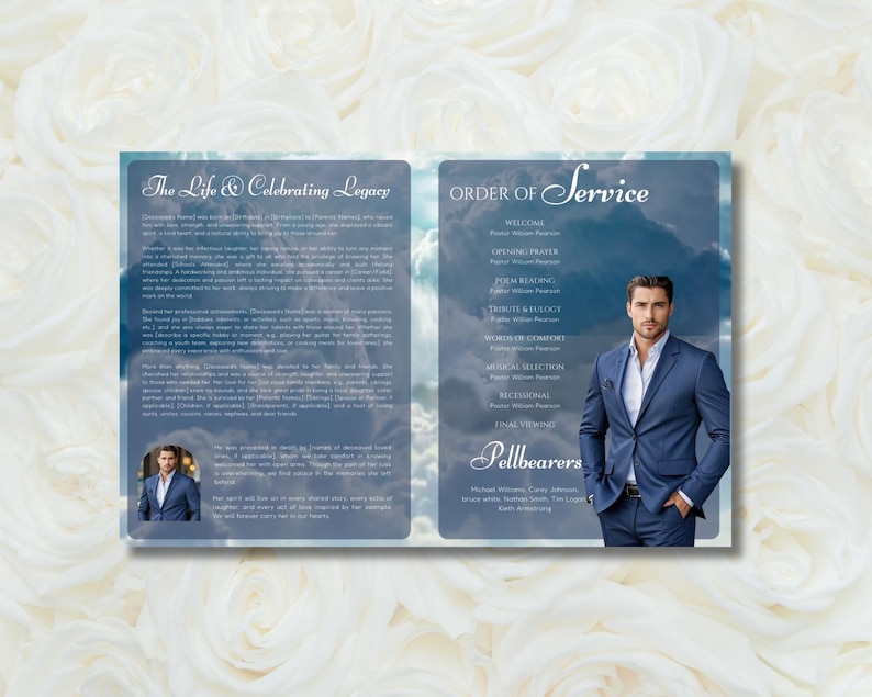 Blue Roses Funeral Program Template, Obituary Memorial (digital ...