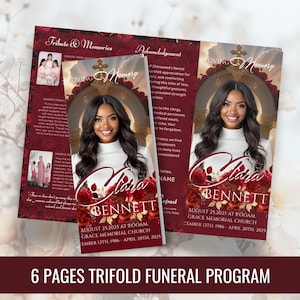 May include: A trifold funeral program with a burgundy and white color scheme. The front features a photo of a woman, the name "Clara Bennett", and event details. The text "6 Pages Trifold Funeral Program" is at the bottom.
