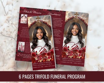 Trifold Red Funeral Program Template: Editable Canva Design (Digital Download)
