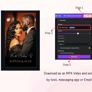 May include: A framed wedding photo featuring a couple, with the text "For the Wedding of SOPHIA & ALEX." The image is accompanied by instructions on downloading a video as an MP4 file and sharing it via text or email.
