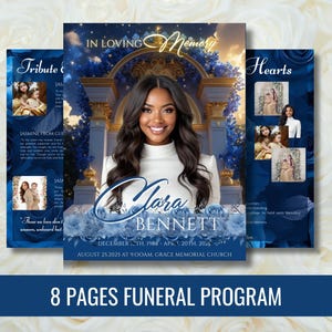 以下が含まれることがあります： クララ・ベネットの肖像画が描かれた、ネイビーブルーの葬儀プログラム。デザインには、金色の装飾と花のモチーフが含まれています。「In Loving Memory」と「8 Pages Funeral Program」の文字があります。