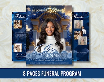 Blue Roses Funeral Program Template, 8-Page Memorial (PDF)