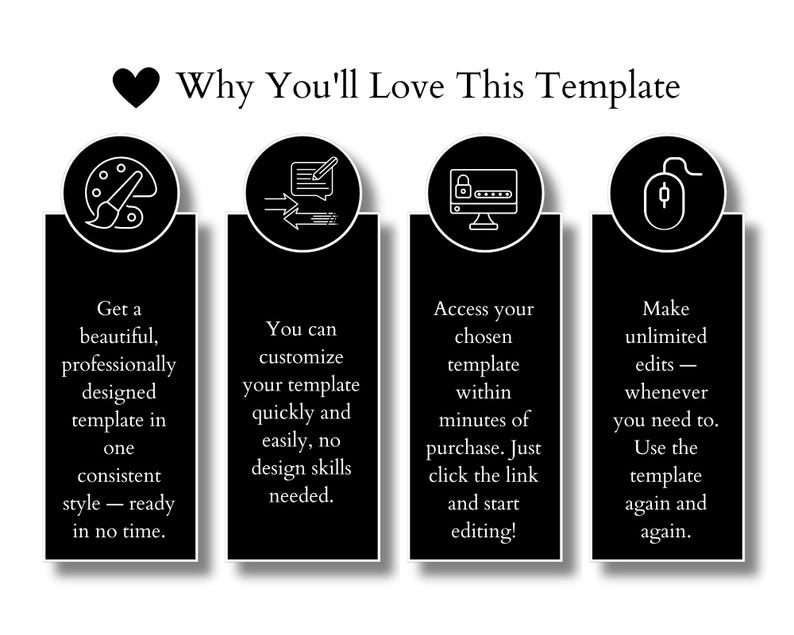 May include: A graphic with the text "Why You'll Love This Template" and four black rectangular panels. Each panel has a white icon and text. The icons include a paintbrush, pencil, computer, and mouse.