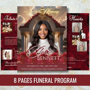 May include: A funeral program with a portrait of a woman, surrounded by red roses and gold accents. The program includes the name "Clara Bennett", dates, and the text "8 PAGES FUNERAL PROGRAM". Additional photos and text are on the side panels.