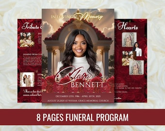 Red Roses Funeral Program Template: 8-Page Memorial (Canva, Digital Download)