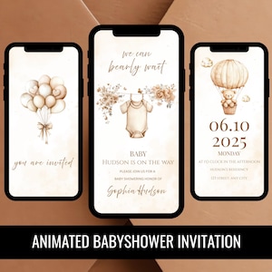 Puede incluir: Tres smartphones que muestran invitaciones animadas para un baby shower. Los diseños presentan ilustraciones en acuarela de globos, un body y un oso de peluche en un globo aerostático. Las invitaciones incluyen texto con los detalles.
