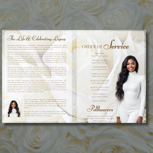 May include: A memorial service program with a white floral background. The left side features text titled "The Life & Celebrating Legacy" and a small photo. The right side displays "Order of Service" and a photo of a woman in white.