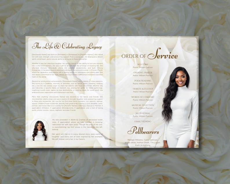 May include: A memorial service program with a white floral background. The left side features text titled "The Life & Celebrating Legacy" and a small photo. The right side displays "Order of Service" and a photo of a woman in white.