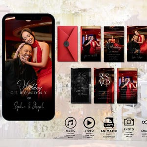 Puede incluir: Un diseño de invitación de boda digital con una pareja en traje formal. La invitación incluye múltiples pantallas con detalles del evento, información de RSVP y un sobre rojo. El diseño incluye el texto "Wedding Ceremony of Stephen & Joseph."
