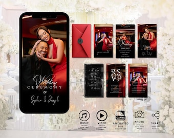 Animated Wedding Invitation: Black and Red Video Invite (DIY Canva Template, Digital Download